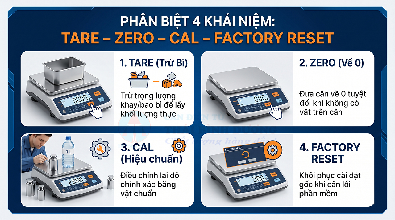Phân biệt tare zero cal reset