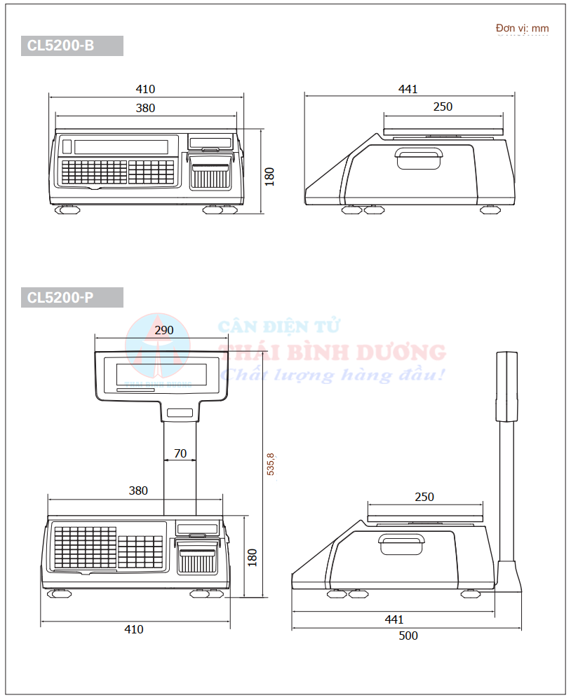 Kích thước chi tiết cân điện tử CL5200 CAS